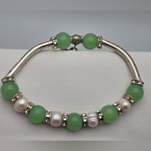 Handmade Silver Bracelet Aventurine & Cultured Pearls Heart Charm 9”